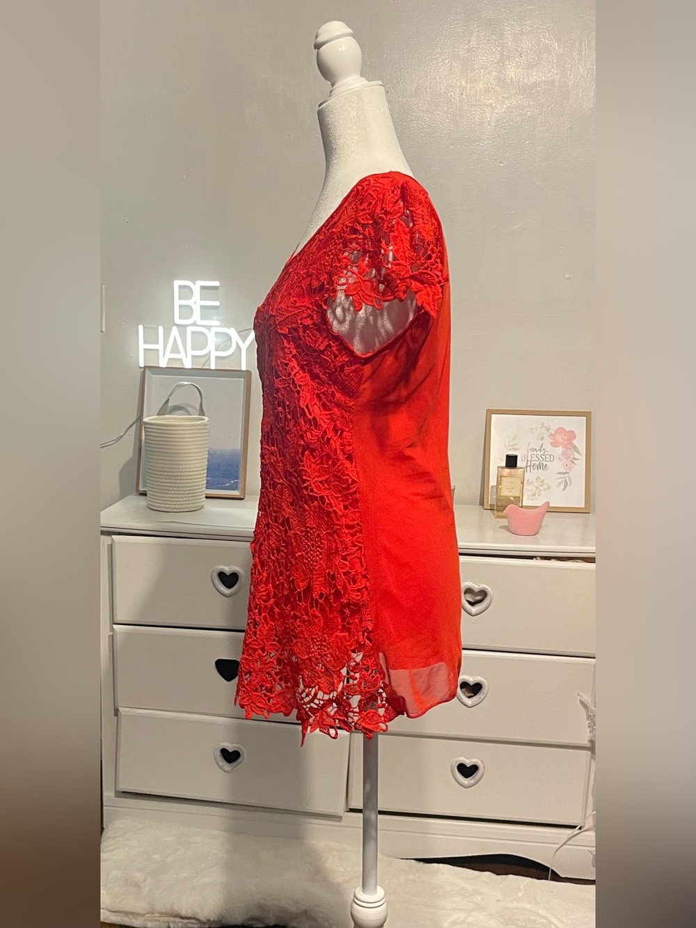 Simply Irresistible Red Lace Short Sleeve Scoop Neck Top size M 100% cotton - Picture 5 of 12
